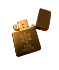 Matte black engraved lighter with ornate Fire Mecca emblem and open metal top