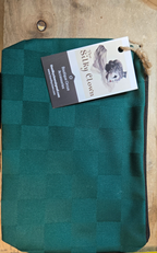 Teal checkered cloth gear bag with drawstring and fabric loop pull