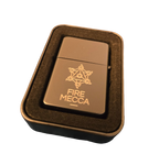 Engraved matte lighter in open case with Fire Mecca emblem and FIRE MECCA text