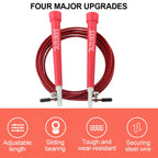 Adjustable steel wire jump rope with red foam handles, white bases, and red cable
