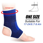 Blue ankle guard sleeve on foot, knit cuff with white trim and heel opening