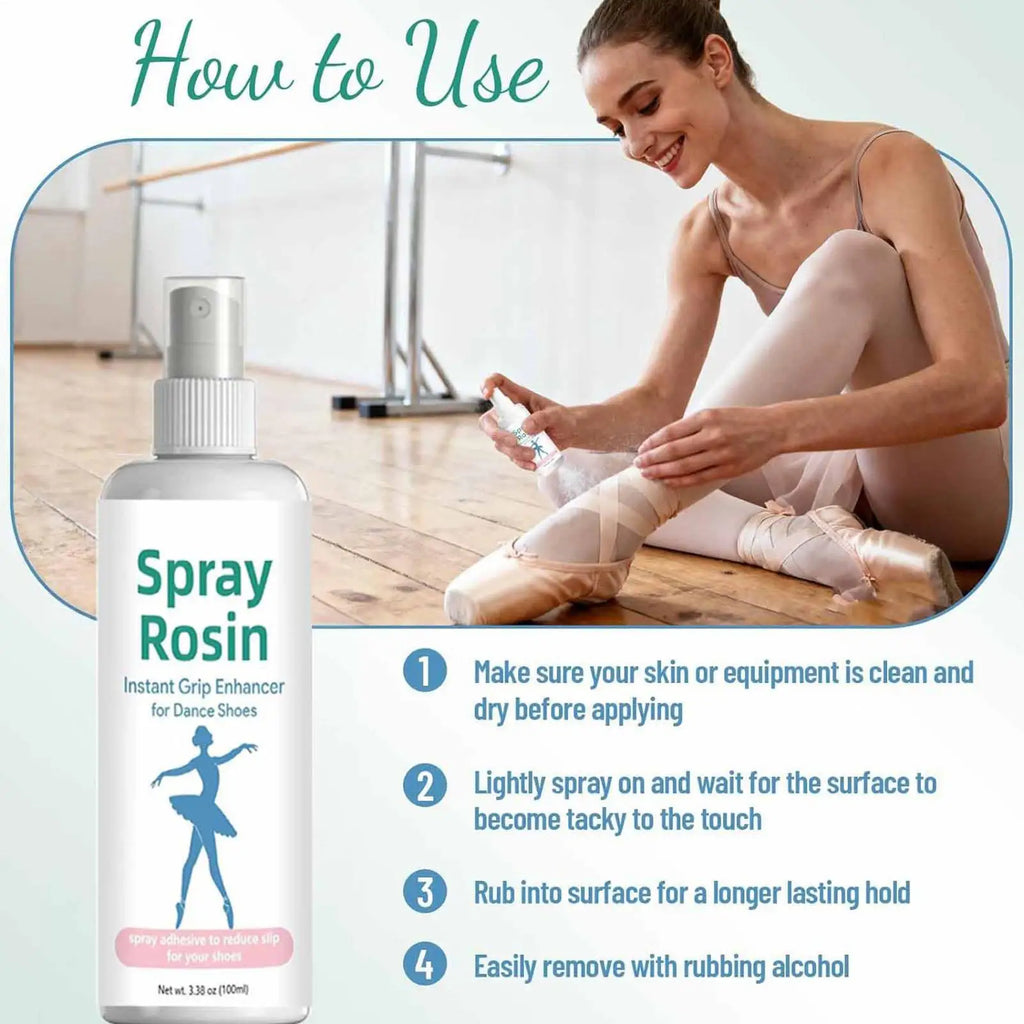 Rosin spray bottle with dancer applying grip to ballet slippers