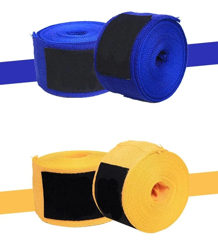 Blue and yellow cotton wrist wrap rolls with black fastening strip label