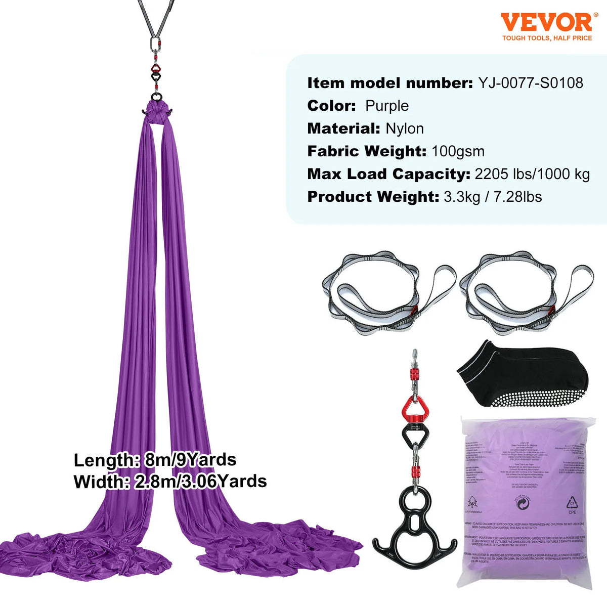 Purple aerial yoga hammock silk kit with hanging hardware, socks, and accessory parts