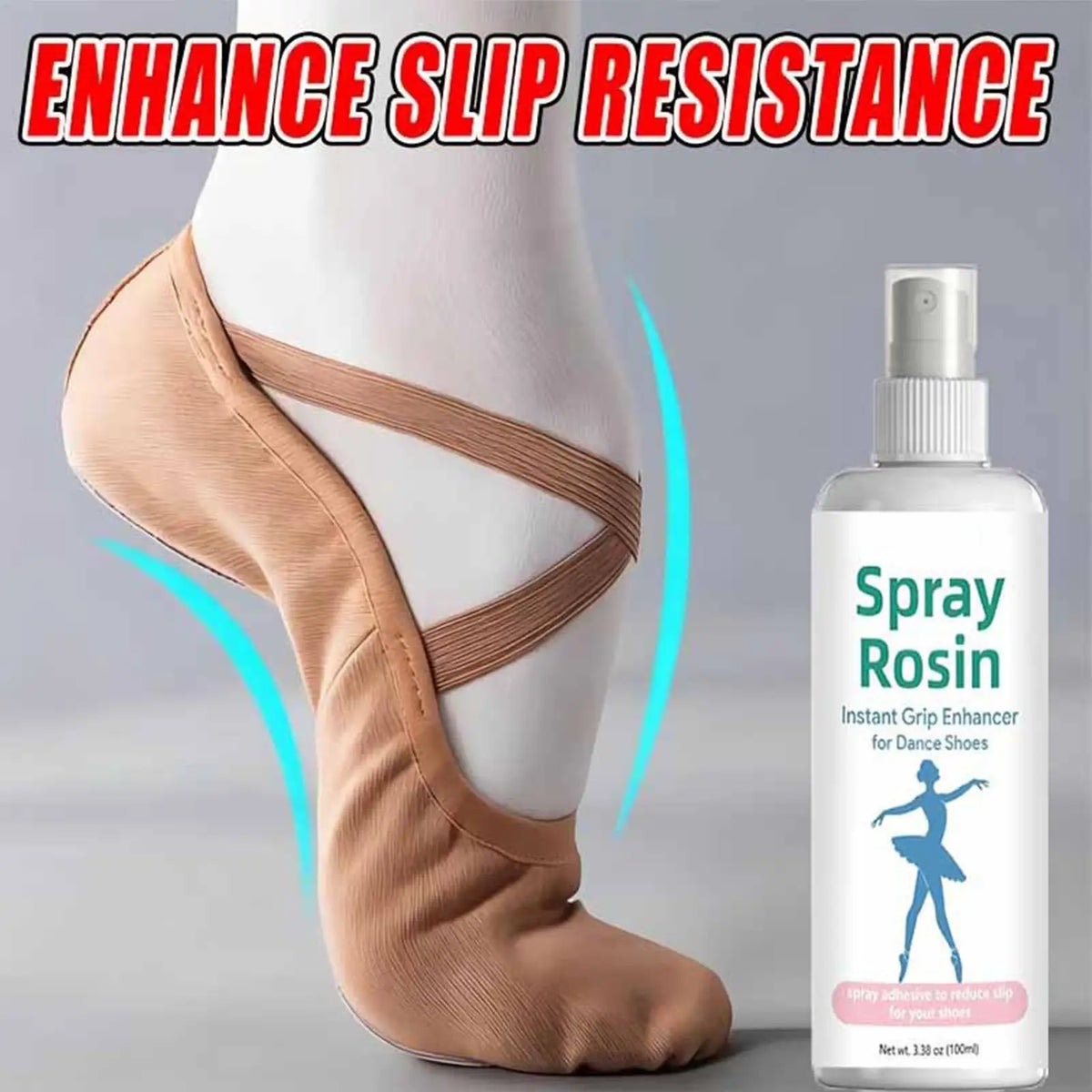 Tan ballet slipper with non-slip grip, with rosins spray bottle beside it