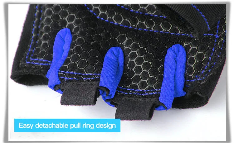 Close-up of black gloves’ honeycomb palm with blue pull rings on finger tips