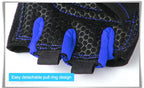 Close-up of black gloves’ honeycomb palm with blue pull rings on finger tips
