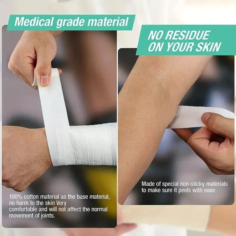 White sports strapping tape applied across a forearm and wrist wrap