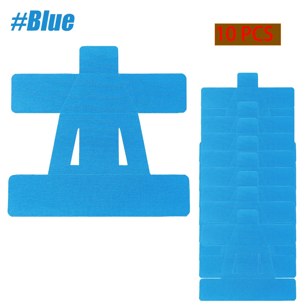 Blue kinesiology tape 10-pack with cross-shaped strips and stacked pieces