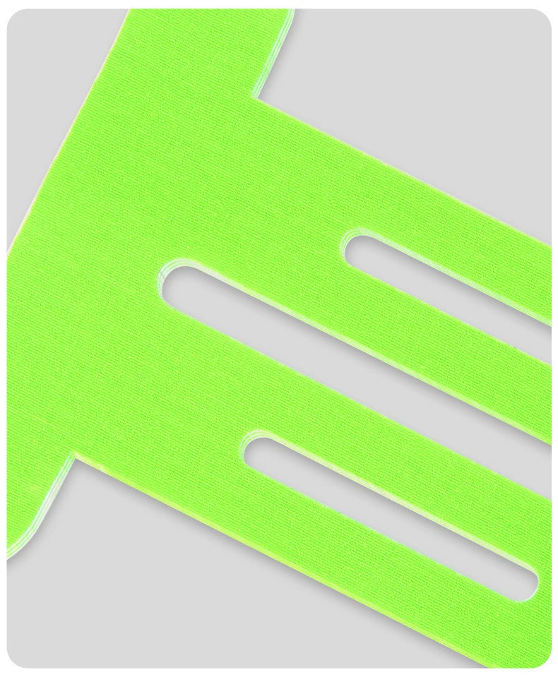 Lime green precut knee tape strips with finger-loop cutouts