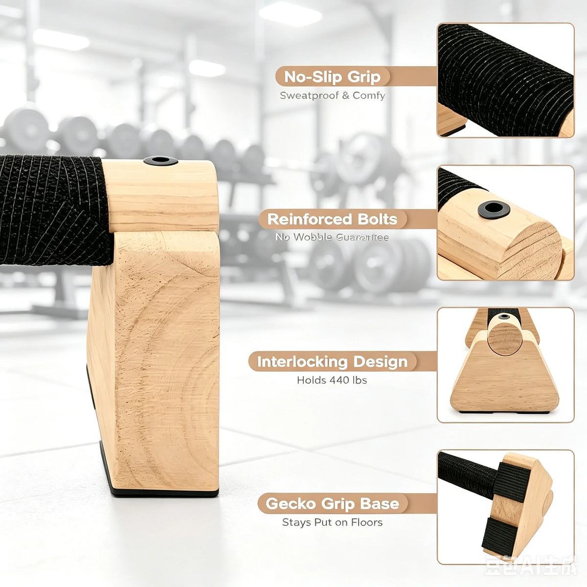 Wooden parallettes bars with black textured grip and reinforced bolts, interlocking base
