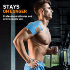 Blue kinesiology tape on athlete shoulder and upper arm for recovery support
