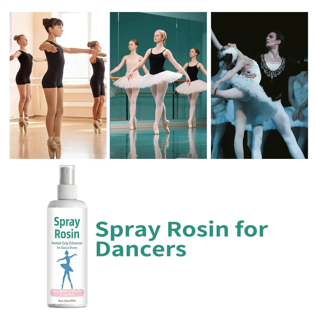 Rosin grip spray bottle with pump beside dancers in three activity scenes