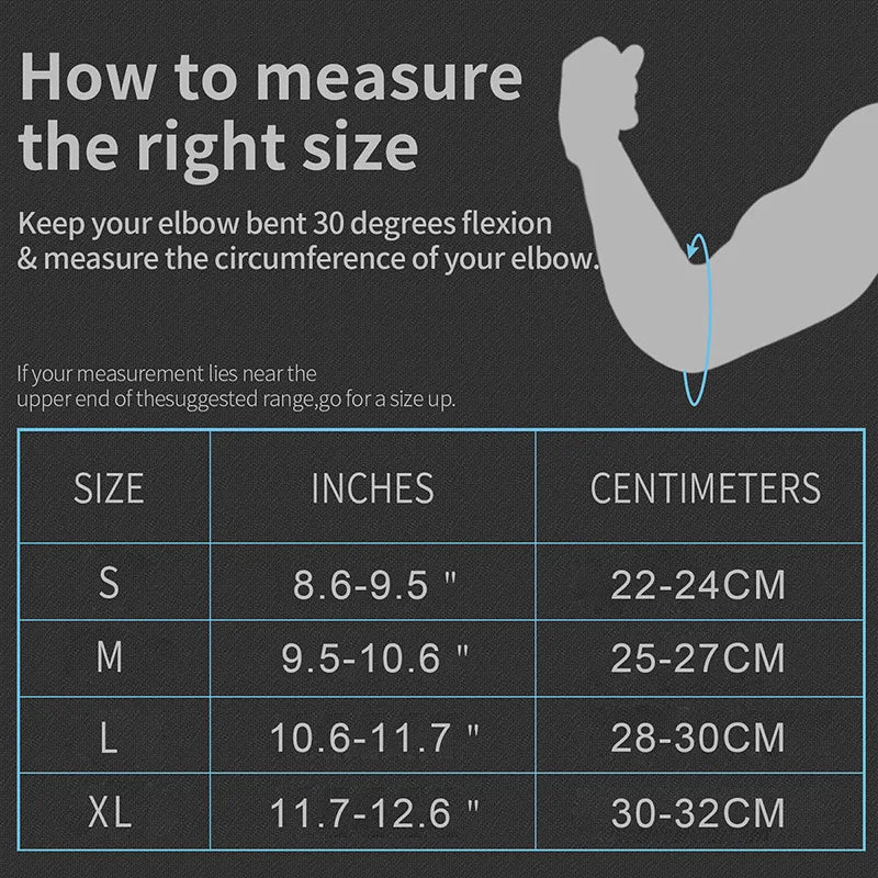 Elbow guard measuring chart diagram showing elbow angle and size table