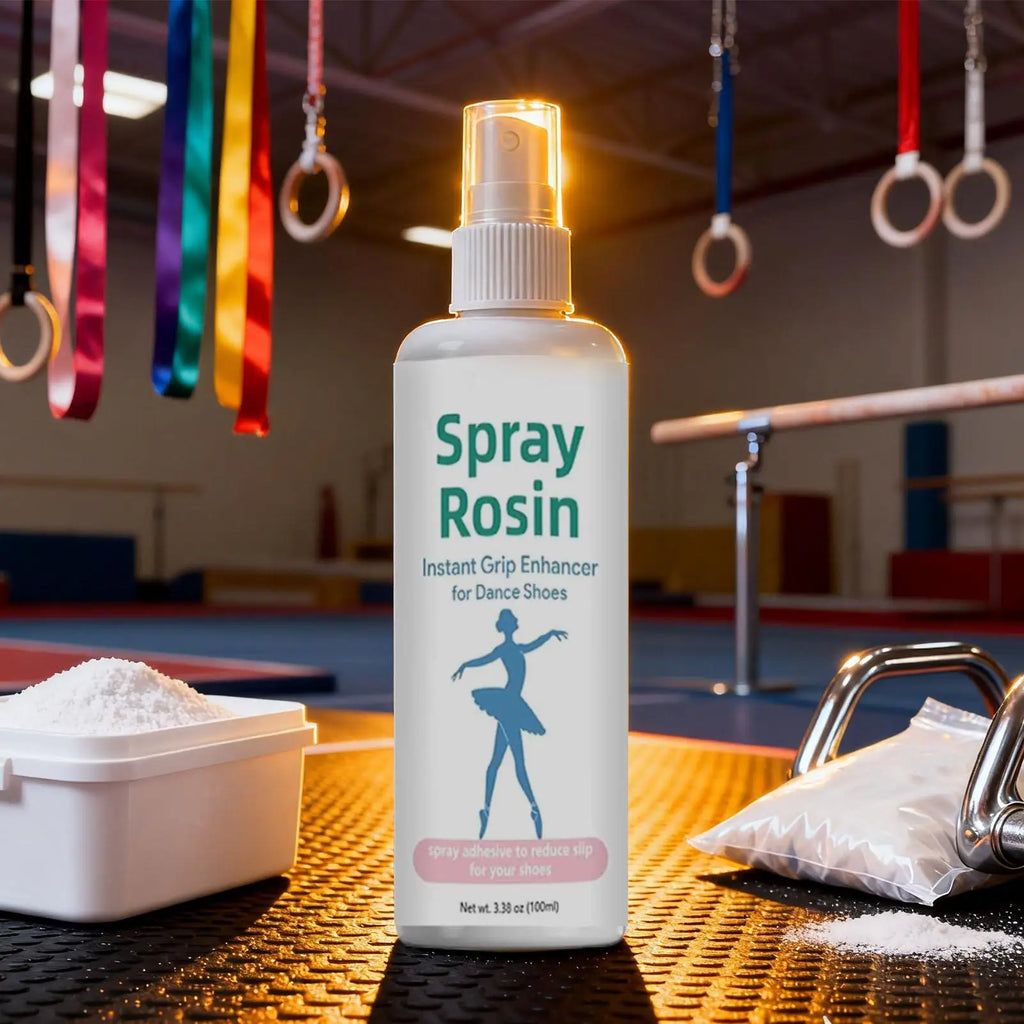 Rosin grip spray bottle with pump beside rosin powder and pole equipment in gym