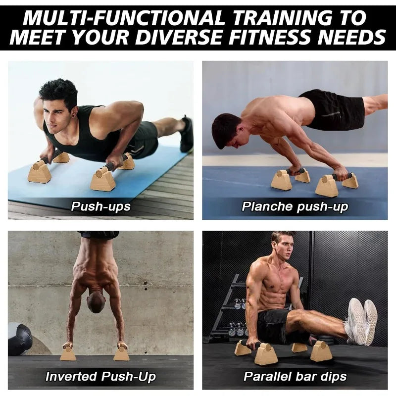 Wooden parallettes bars with black grip pads for push-up and handstand training