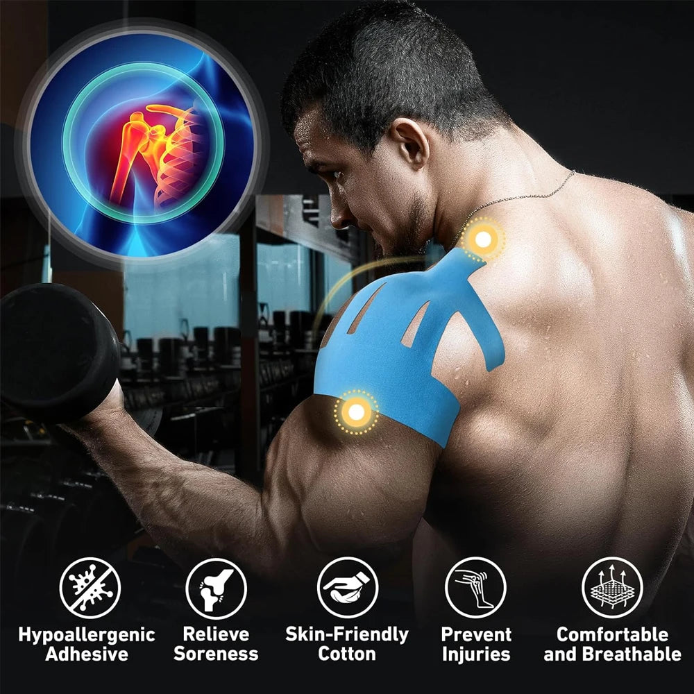 Blue kinesiology tape on athlete’s shoulders, curved strips with round anchor points
