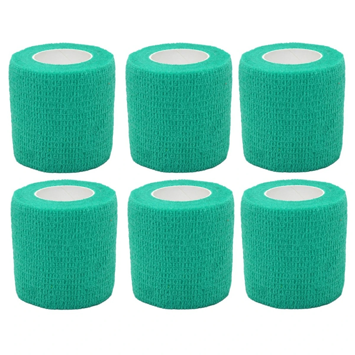Set of bright green self-adhesive wrist bandage rolls, each with white inner core