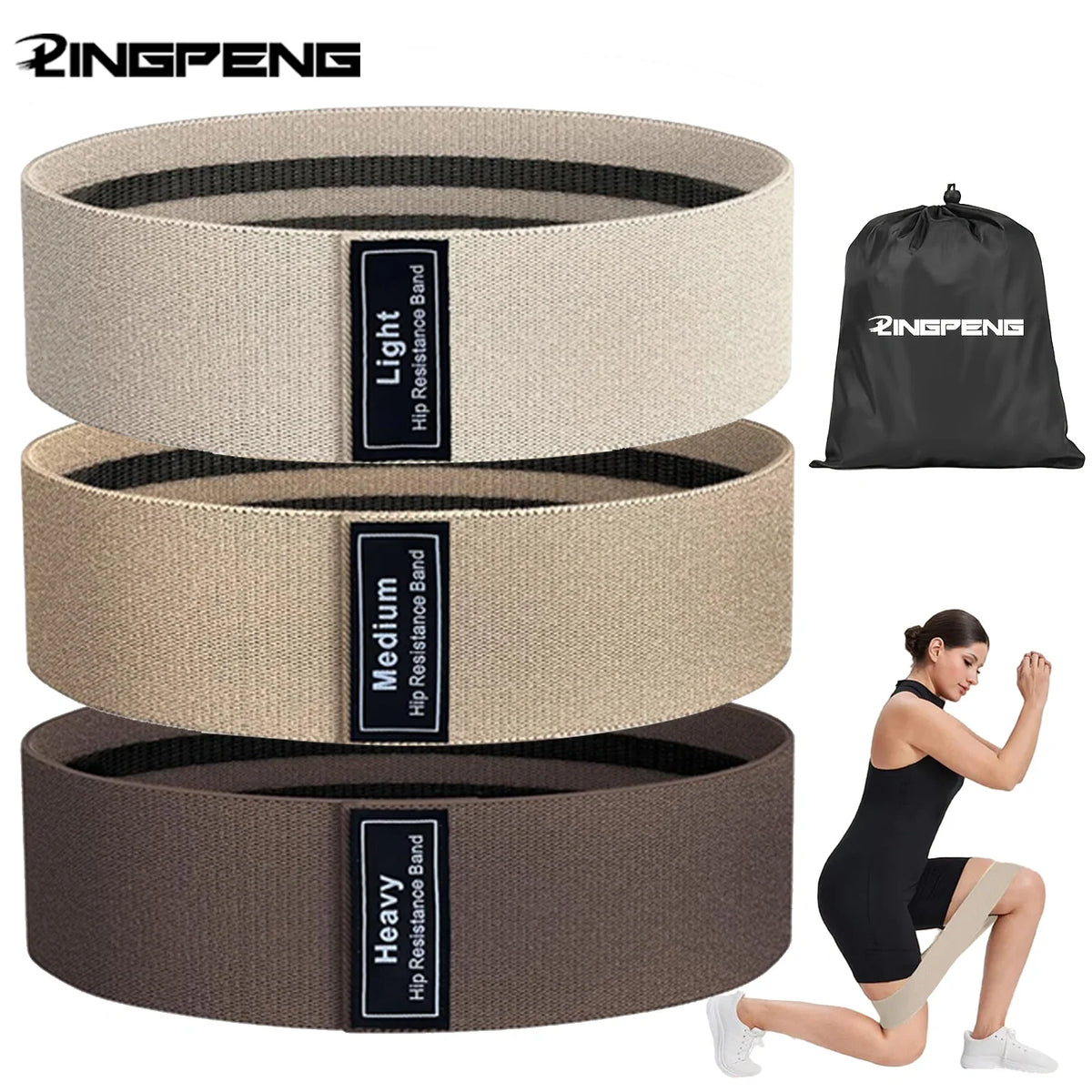 PINGFENG 3-pack resistance bands: Light, Medium, Heavy, with drawstring bag