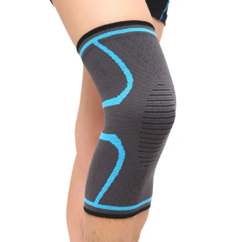 Black knee sleeve with bright blue contour bands and ribbed support pattern.