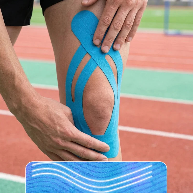 Knee support with blue kinesiology tape strips forming a support shape