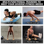 Wooden parallettes bars set with black non-slip grip, shown supporting push-up stance