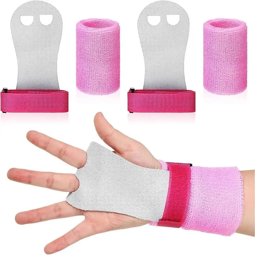 Pink aerial grip wristbands with grey loop pads and black Velcro cuffs