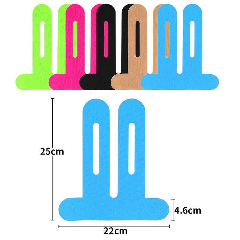 Precut knee kinesiology tape strips in multiple colors, labeled size diagram