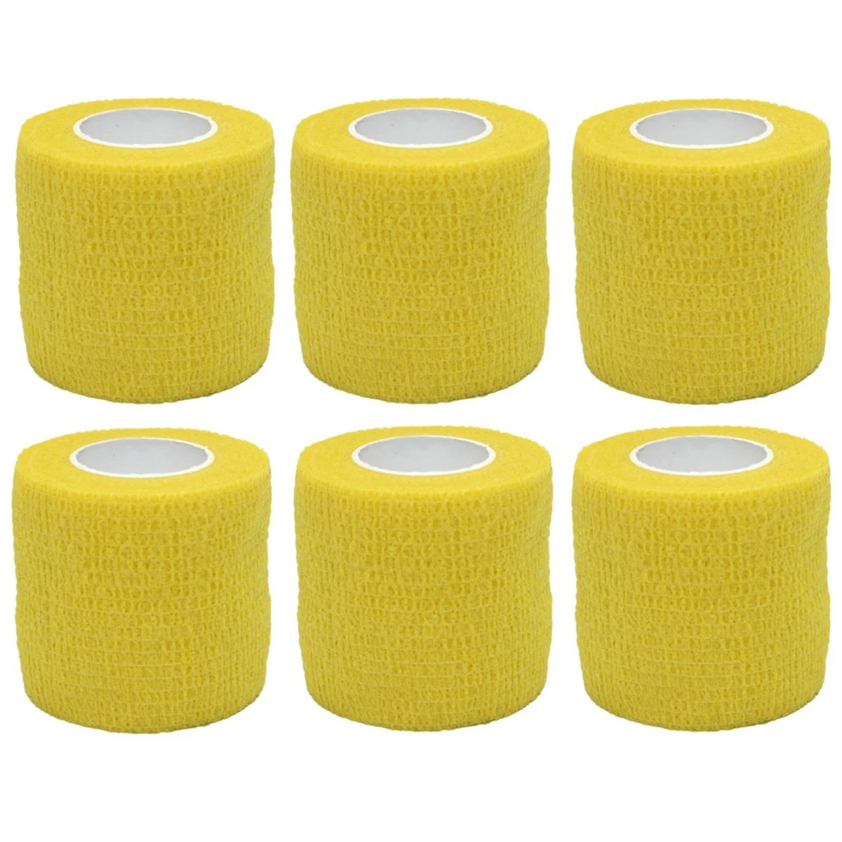 Set of yellow self-adhesive wrist bandage rolls with white inner cores