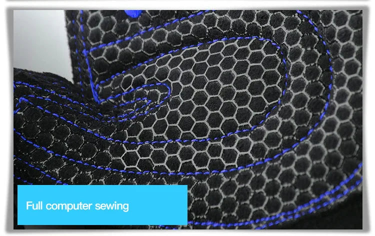 Close-up of black honeycomb palm with blue stitching seams