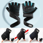 Pair of black training gloves with blue wrist ties and padded grip knuckles