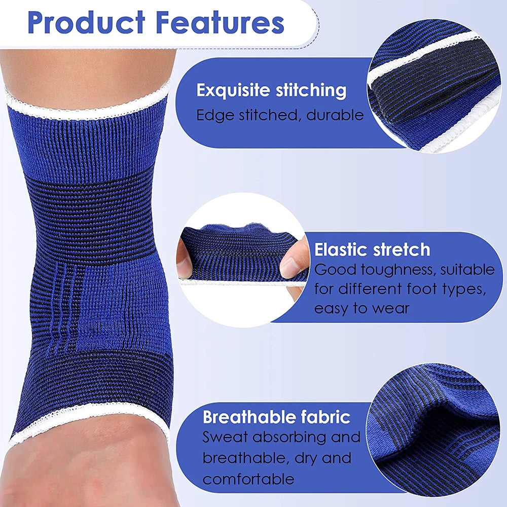 Blue knitted ankle sleeve with white trim, ribbed texture and elastic cuff
