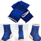 Set of blue ankle guard sleeves with white trim, knit compression and circular heel pad opening