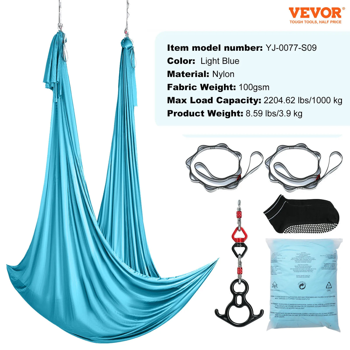 Light blue aerial yoga hammock silk kit with hanging hardware and non-slip socks
