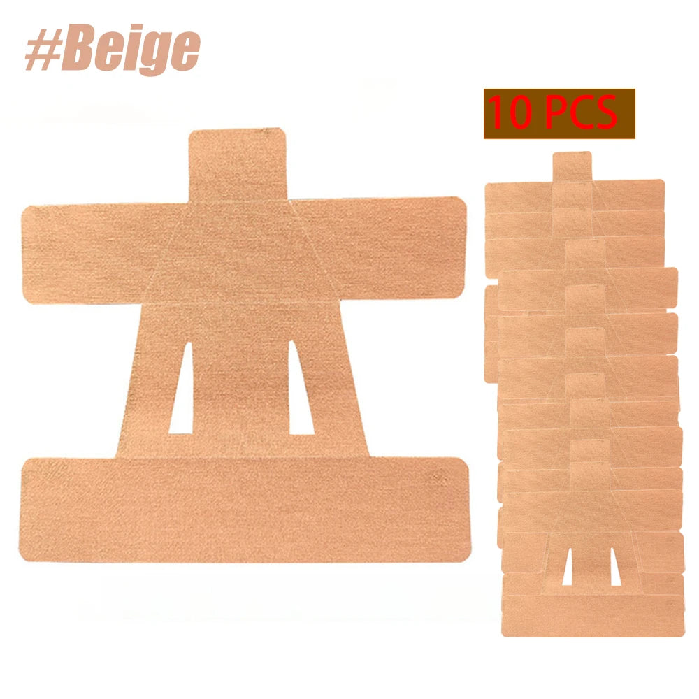 Beige kinesiology tape 10-pack with cross-shaped strips and stacked pieces