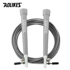 Adjustable steel wire jump rope with gray foam handles and gray steel cable