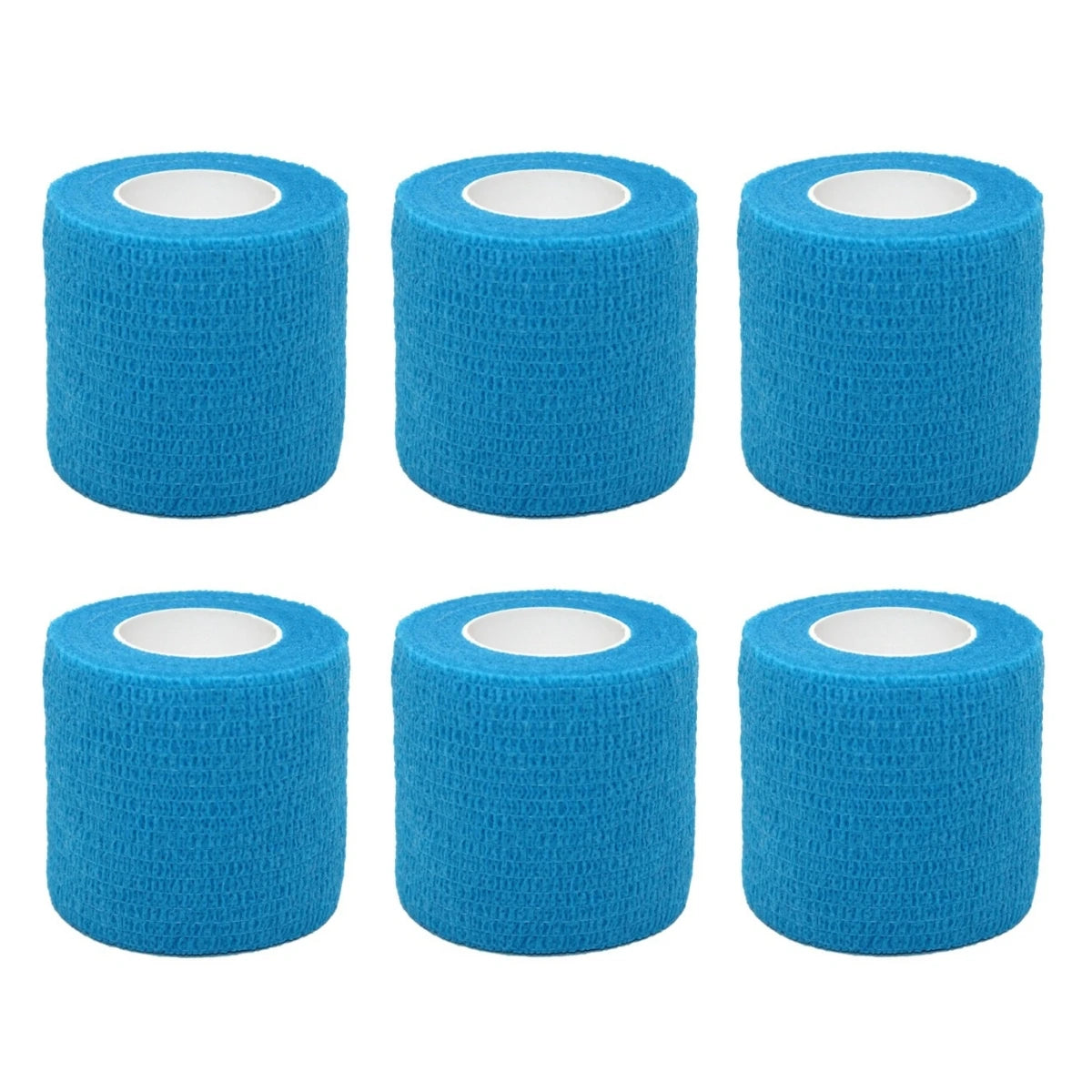 Set of light blue self-adhesive wrist bandage rolls with white inner cores