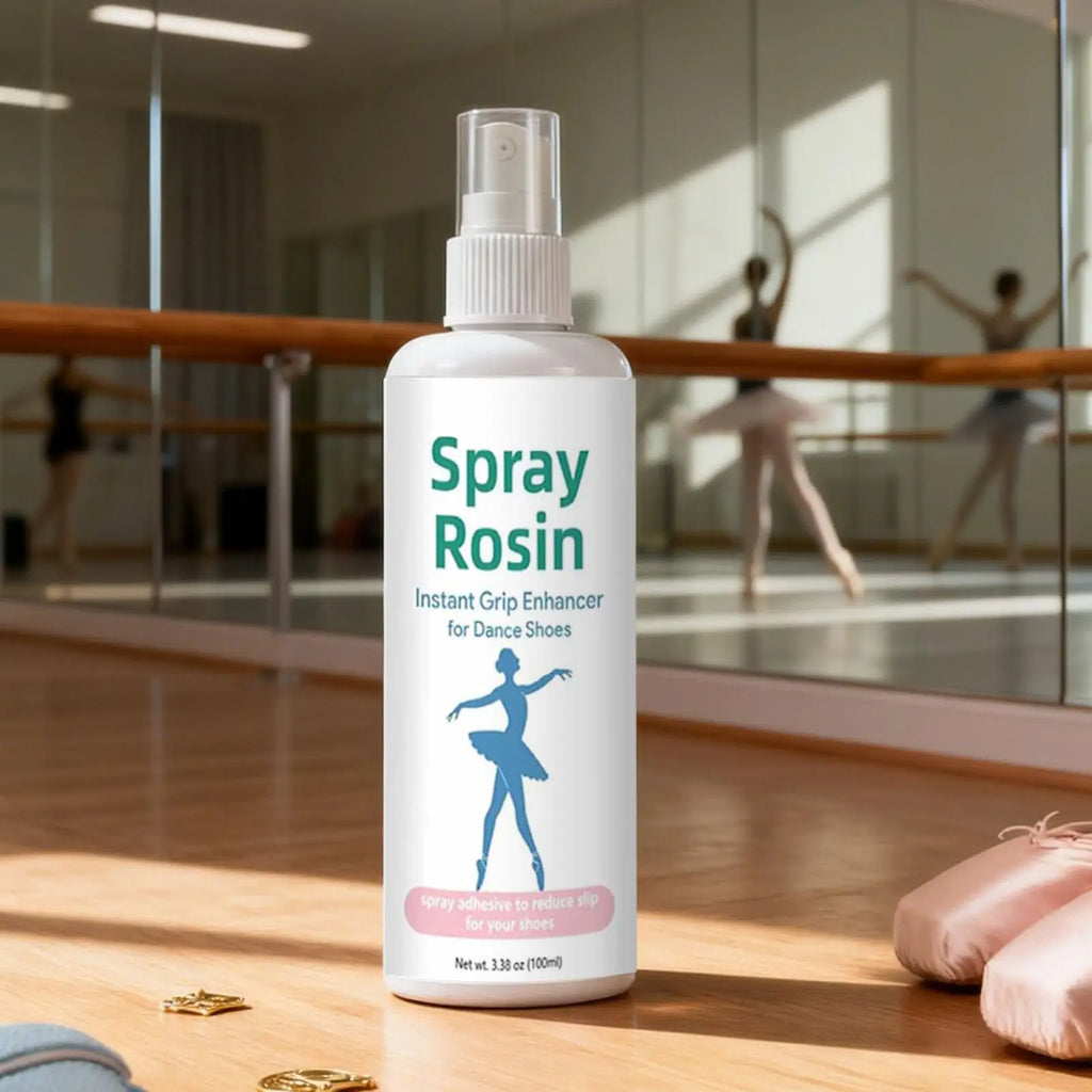 Rosin grip spray bottle with pump in a dance studio, with pale slippers on floor