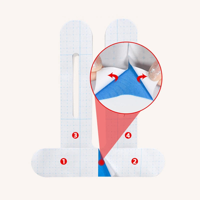 Knee kinesiology tape placement diagram showing blue strip positions