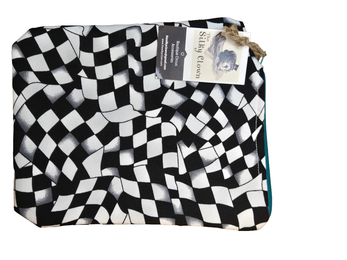 Black-and-white checker pattern cloth gear bag with drawstring and fabric loop pull