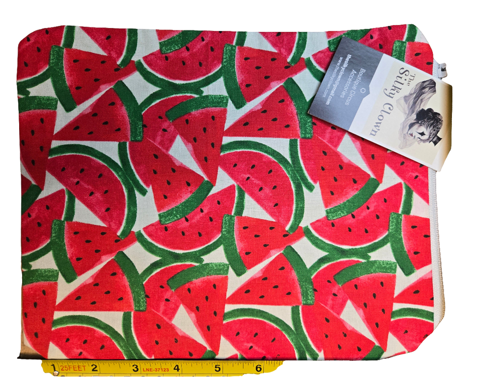 Handmade cloth gear bag with red watermelon print and green leaf motifs