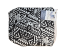 Handmade cloth gear bag with black-and-white geometric pattern and fabric handle tab