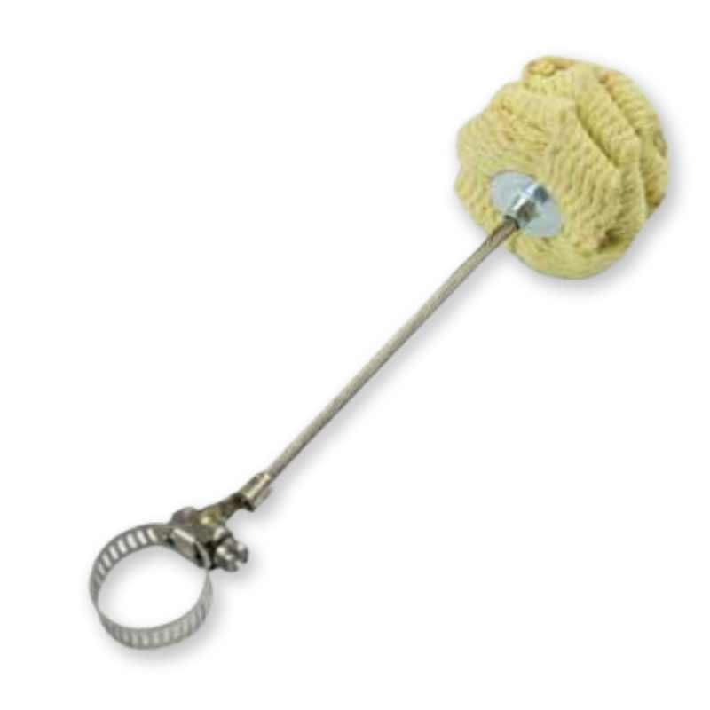Metal fire hoop with pale yellow-green braided wick, small mirrored cap, ring grip.